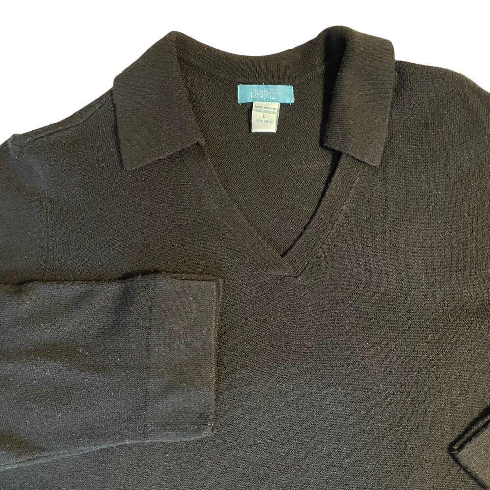 Black Jennifer Moore collared V neck knitted 3/4 sleeve sweater
